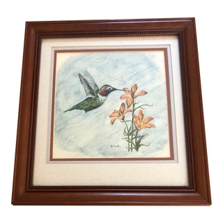 Vintage Framed Original Colored Pencil Drawing by Nancy Smith "Memory Like a Hummingbird" For Sale