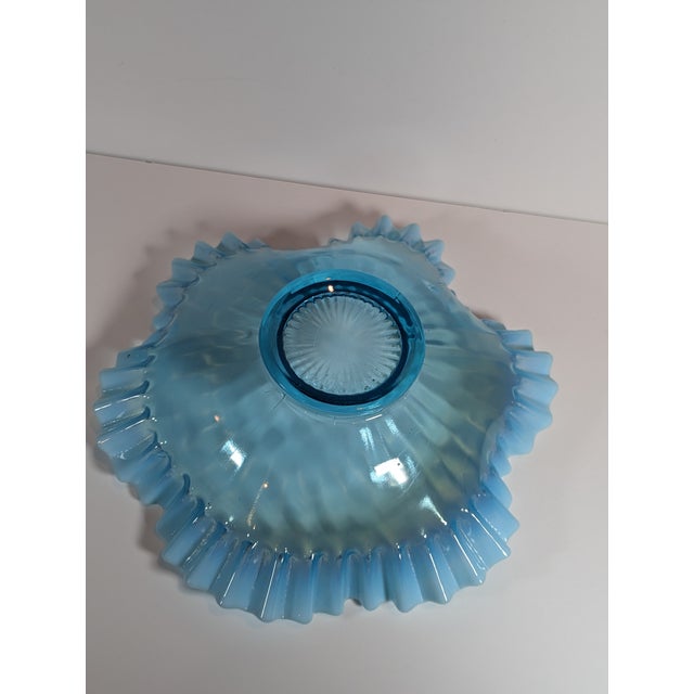Antique Glass Aqua Blue Ribbed Optic Bride’s Bowl, Crescent Silver Co. Quadruple Plate Base For Sale - Image 4 of 10