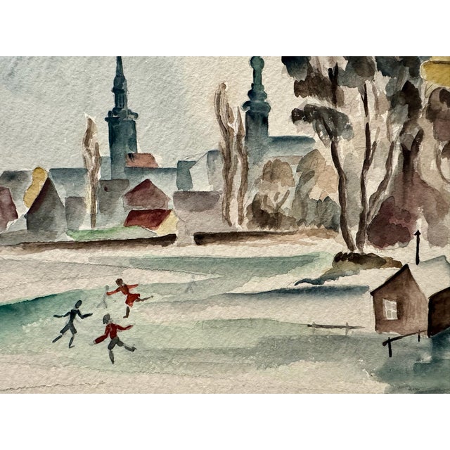 Rustic Henry Emil Salloch Original Watercolor on Paper European City Winter Scene, 1935. For Sale - Image 3 of 7