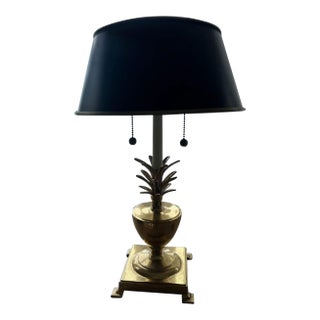 Vintage Brass Pineapple Table Lamp With Metal Tole Shade - Hollywood Regency Style For Sale