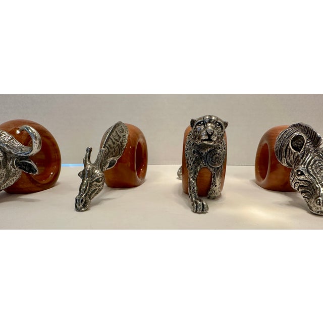 Vintage 1980s Makoulpa South African Pewter & Wood Safari Animal Napkin Rings – Set of 8 For Sale - Image 16 of 18