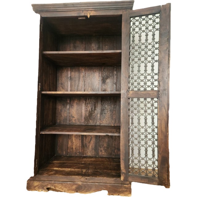 Antique Hand-Carved Wood Wardrobe with Carved Doors and Iron Grille, Bali, Indonesia, 1920s For Sale - Image 14 of 18