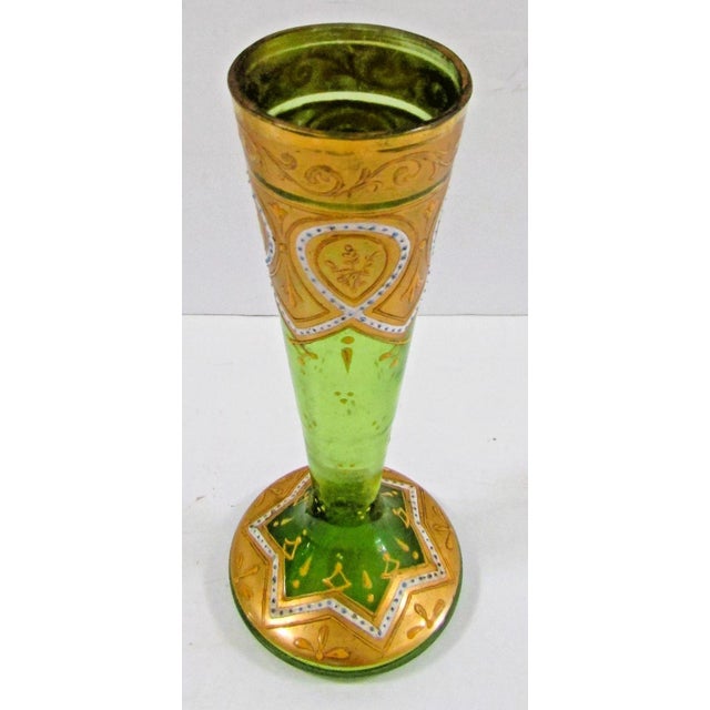 Mid 19th Century Antique Bohemian Moser-Style Green Glass Stick Vase Gold Gilding and Enamel For Sale - Image 5 of 12