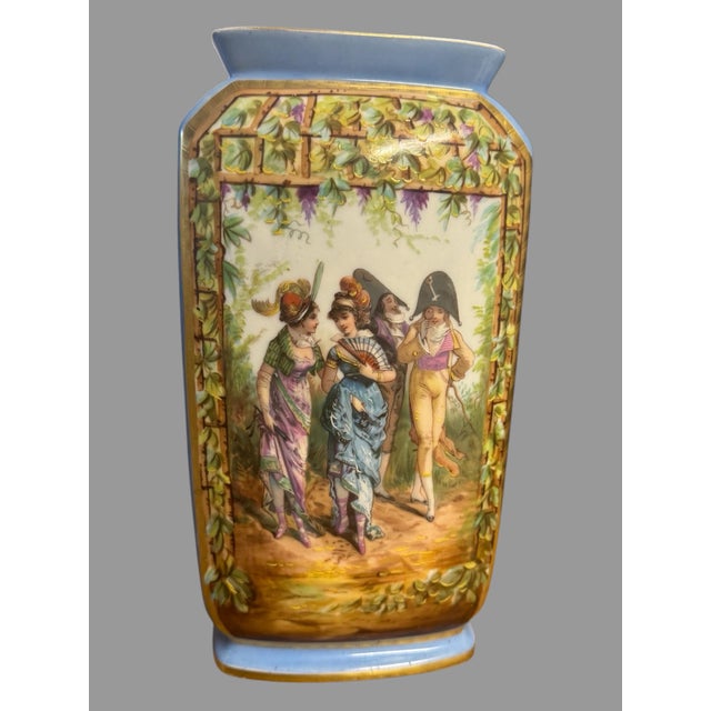 Antique Old Paris Porcelain Pair Vases Hand Painted Figural Scenes Blue Gilt 11” For Sale - Image 4 of 11