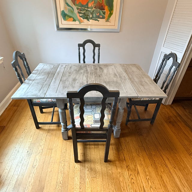 Antique English Oak Draw Leaf Chalk Painted Table and 4 Chairs For Sale - Image 11 of 12