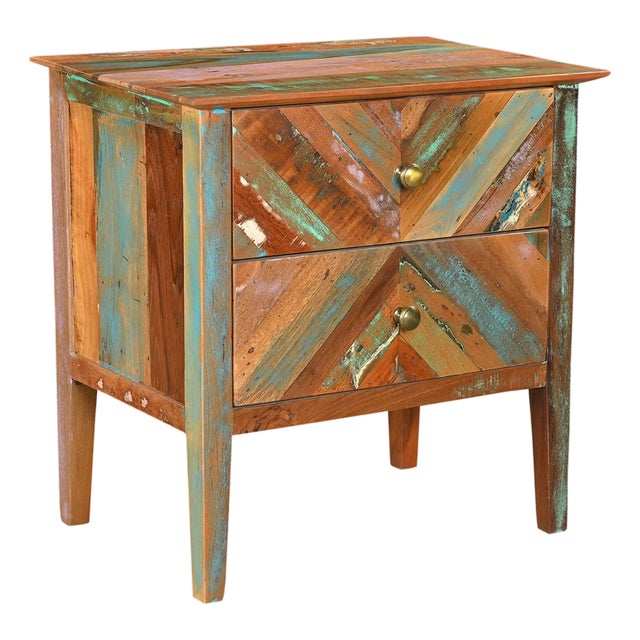 1980s Wooden Nightstand With Drawers | Farmhouse Reclaimed Wood Bedside Table | Distressed Blue Side Cabinet For Sale