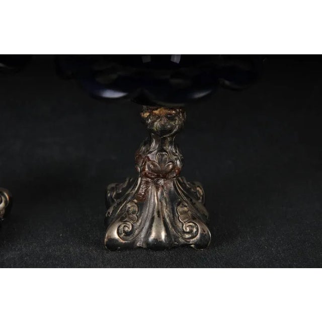 Metal Antique Silver Caviar Bowls in Blue Glass, Set of 2 For Sale - Image 7 of 11