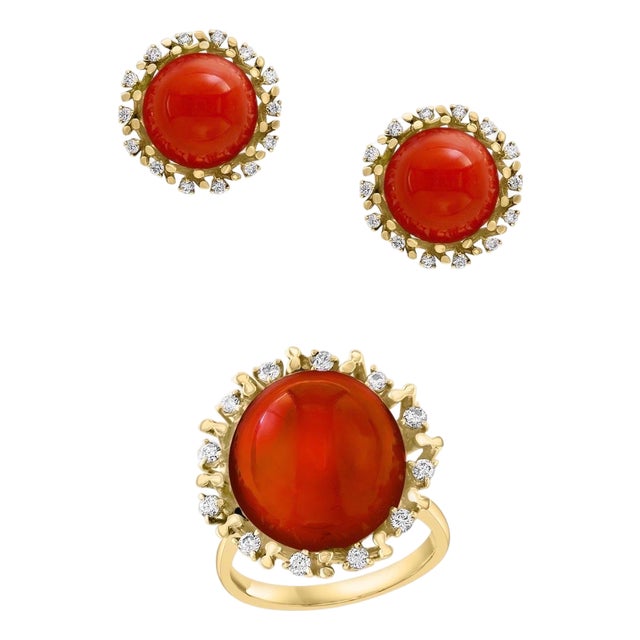 Estate Natural Sugar Loaf Coral & Diamond Earring & Ring in 18 Kt Yellow Gold For Sale