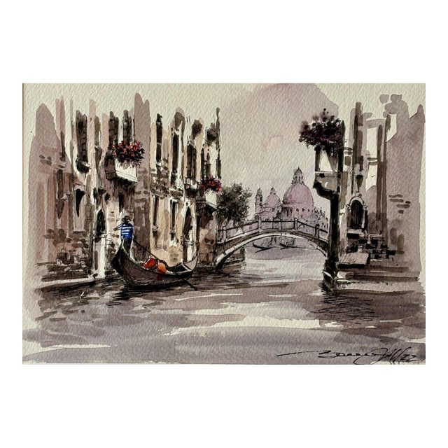 Watercolor Painting of Venice and Gondola For Sale