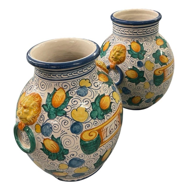 2000 - 2009 A Pair of Vintage Italianate Majolica Ceramic Urns With Putti & Lion Ring Handles For Sale - Image 5 of 10
