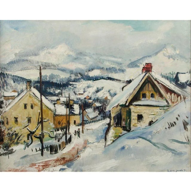 Rudolf Jacobi (German, 1889 - 1972) A snow covered village, oil on canvas painting. Signed lower right. Frame: 32.5" x 38.5"