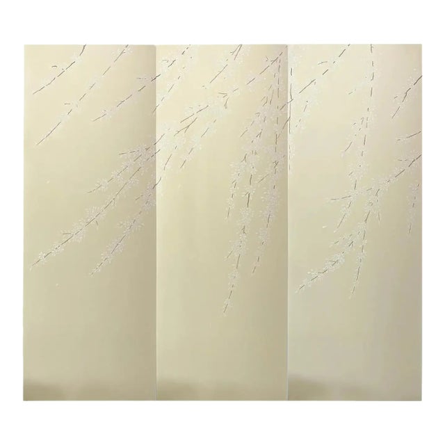 Hand-Painted Minimal Chinoiserie Wallpaper Panels – Elegant White Botanical Branch Mural, Luxury Neutral Wall Art, 3 Panels 36x96” For Sale