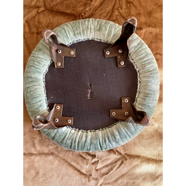 Vintage Hollywood Regency Pleated Sage Green Velvet Round Ottoman Featuring Elegant Cast Brass Cabriole Legs For Sale - Image 13 of 14