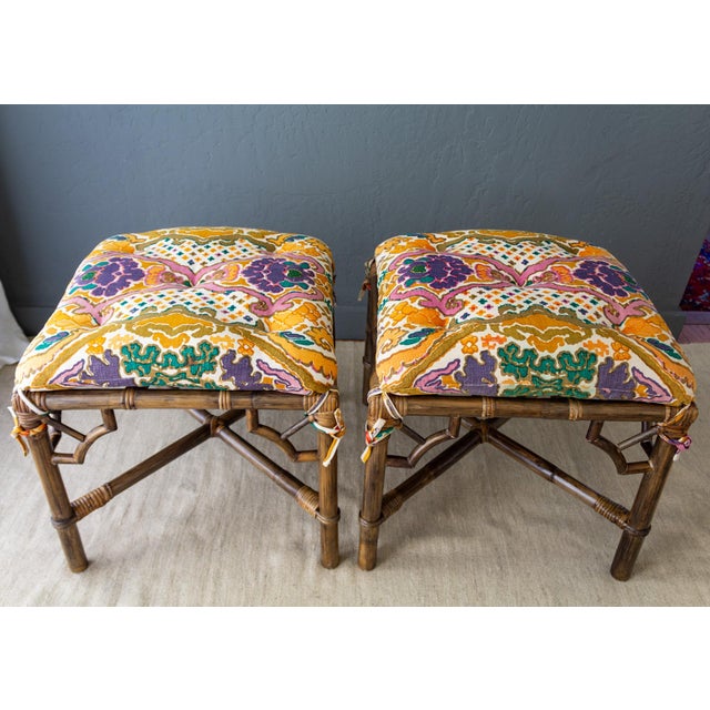 Pair of McGuire Style Chinoiserie Bamboo Stools or Ottomans With Tufted Cushions. For Sale - Image 9 of 18
