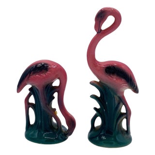 1950s MCM Ceramic Miniature Pink Flamingo Tabletop Statue His & Hers Set by Leftons For Sale