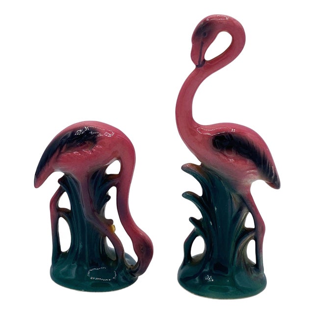 1950s MCM Ceramic Miniature Pink Flamingo Tabletop Statue His & Hers Set by Leftons For Sale