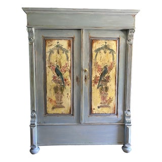 Vintage Painted Pine Wardrobe with Inlaid Chinoiserie Panels For Sale
