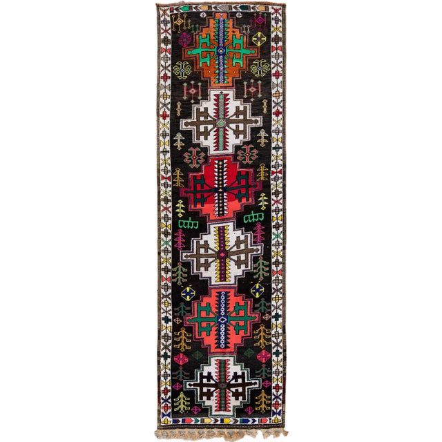 Vintage Brown Turkish Handmade Multicolor Tribal Pattern Wool Runner For Sale - Image 11 of 11