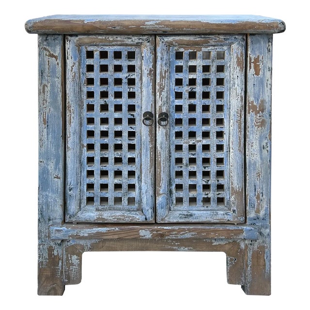 Distressed Ink Light Blue Grid Pattern Doors End Table Nightstand Cabinet For Sale