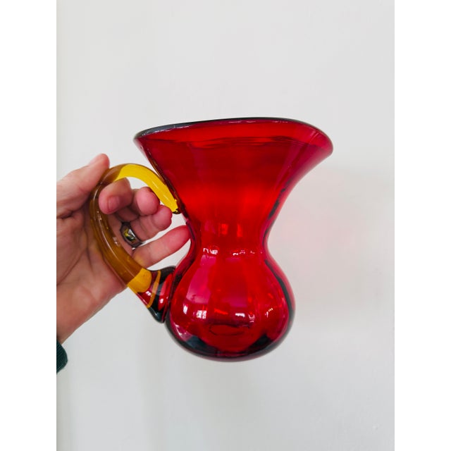 Mid-Century Modern Vintage Art Glass Pitcher Attributed to Blenko Ruby Red With Amber Handle Mid Century Modern For Sale - Image 3 of 9