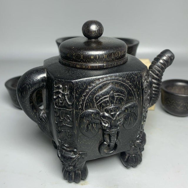 Late 19th CenturyCarved Faux Horn Elephant Teapot Set With Four Cups and Box For Sale In Los Angeles - Image 6 of 9