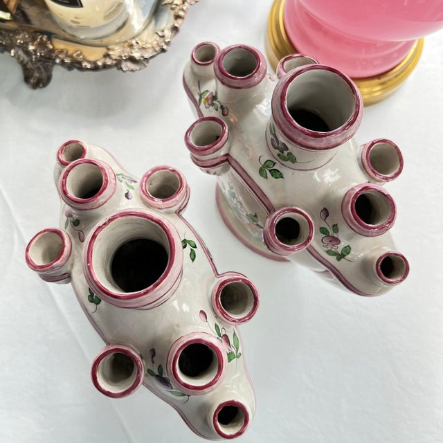1960s Pair of Faience tulipiere vases // traditional decor // tulip vase // floral design // specimen vase // multi spout vase // French Antique For Sale - Image 5 of 10