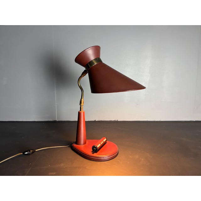 Mid-Century French Red Leather Wrapped Desk Lamp attributed to Jacques Adnet, 1950s For Sale - Image 15 of 18