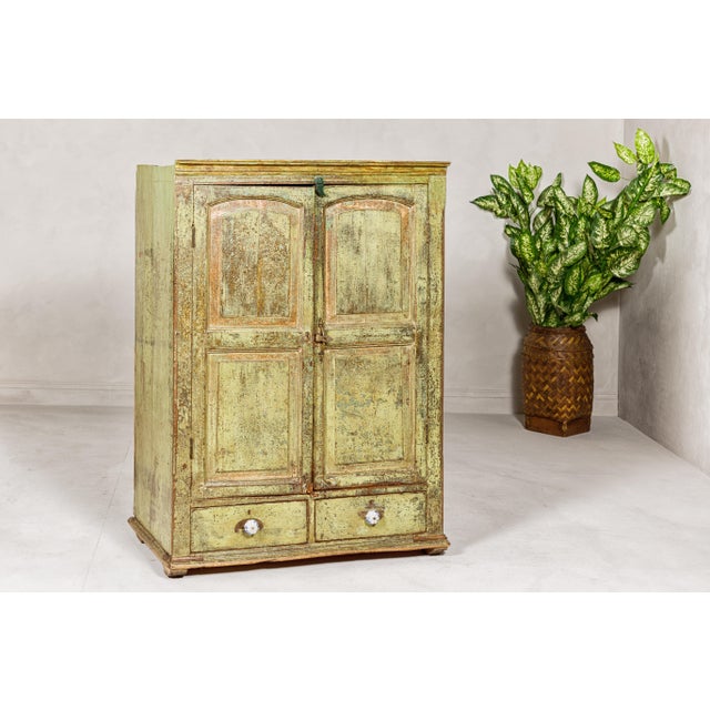 Distressed Green Painted Indian Cabinet with Paneled Doors and Two Drawers For Sale - Image 12 of 12