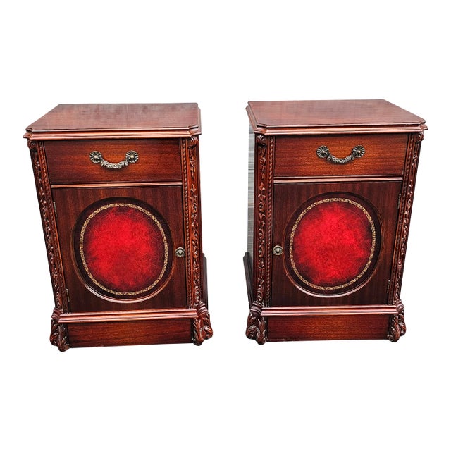 Pair Regency Magogany Tooled Leather Inset Front Side Cabinets For Sale