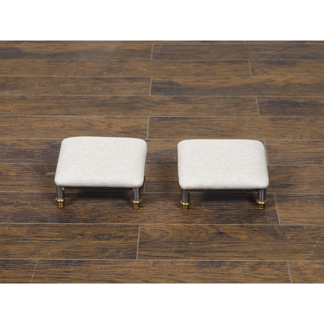French Pair of Vintage French Steel and Brass Footstools with Custom Linen Upholstery For Sale - Image 3 of 11