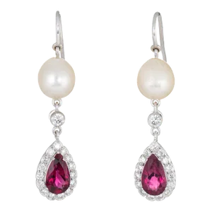 Pink Tourmaline Diamond Pearl Drop Earrings Estate 18k White Gold Dangle Jewellery - 2 Pieces