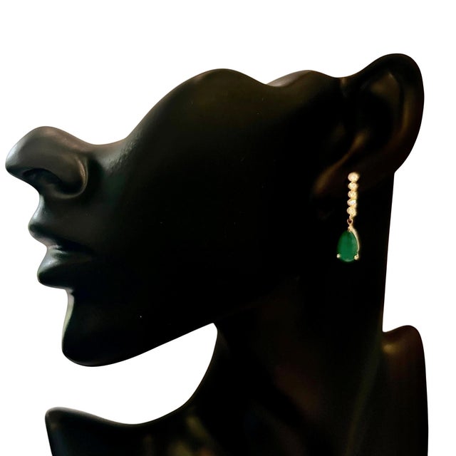 Traditional Natural Emerald Diamond Dangle Earrings 14k Y Gold 2.23 TCW Certified For Sale - Image 3 of 11