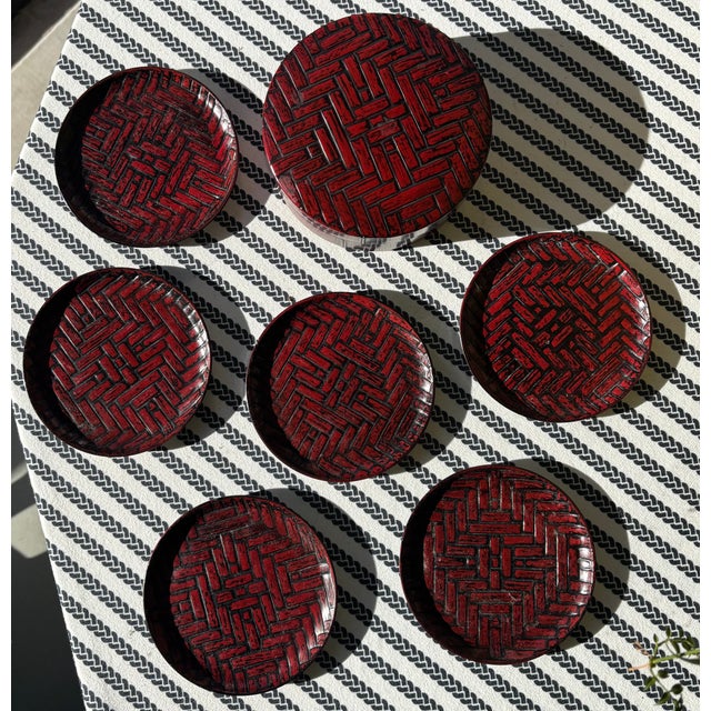 Vintage Chinoiserie Style Red Lacquerware Faux Bamboo Coaster Set by Otagiri - Set of 6 For Sale In Little Rock - Image 6 of 17