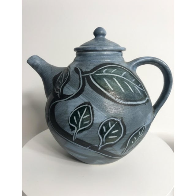 Contemporary Signed Butterfield Studio Pottery Teapot 4 Cups Blue Green Sgraffito Set For Sale - Image 3 of 10