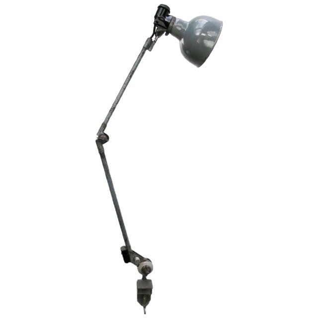 Vintage Industrial Grey Blue Metal 2-Arm Machinist Work Desk Light by Rademacher For Sale