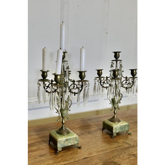 Green Marble and Brass 5 Branch Candleholders, Set of 2 For Sale - Image 3 of 7