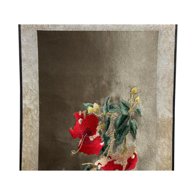 Chinese Red Flower Vase Embroidery Scroll Painting Wall Art For Sale - Image 4 of 5