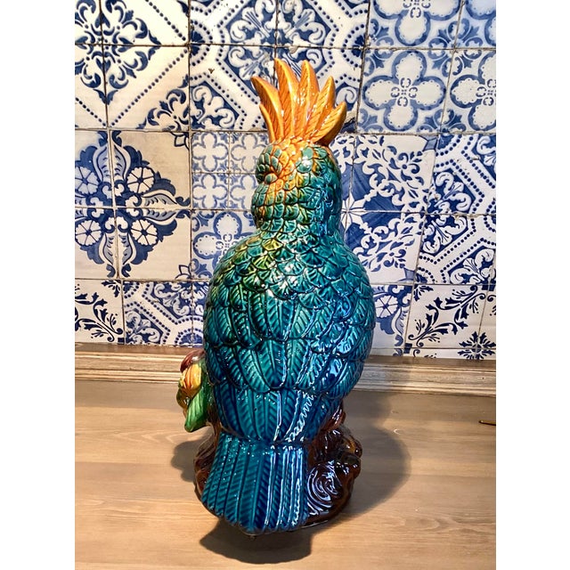 Late 20th Century Vintage Large Parrot Cockatoo on Perch Glazed Ceramic Bird Sculpture in Vibrant Blue and Orange Polychrome For Sale - Image 4 of 10