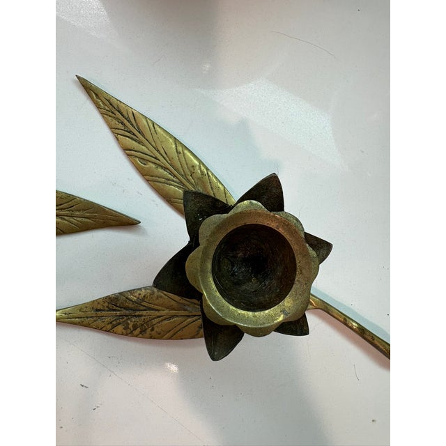 Vintage Brass Lotus Flower Candle Holders Tablescape With Leaf Bases - A Pair For Sale - Image 11 of 12