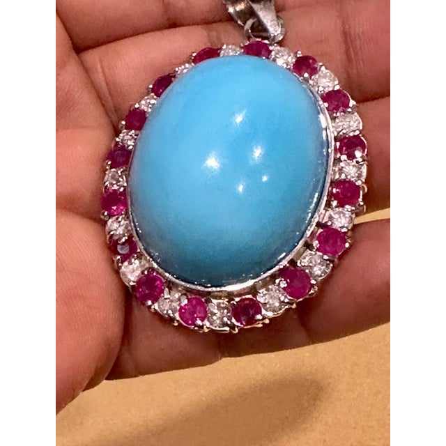 GIA Certified 105 Ct Natural Oval Turquoise, Ruby & Diamond Pendant, Sleeping B For Sale In New York - Image 6 of 18