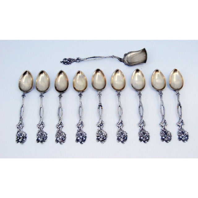 Silver Coffee Spoons and Sugar Scoop with Scalloped Handles, Set of 9, in Good conditions.