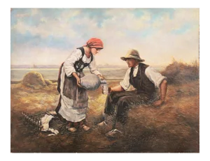'The Midday Rest', 19th Century French School, Circa 1855, Brittany Figural Harvest Landscape Oil in the Style of Millet