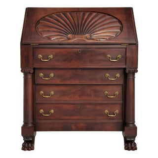 Antique Empire Neoclassical Figured Mahogany Desk Drop Front With Shell Carving For Sale