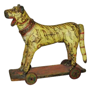19th Century Anglo Indian Child's Pull Toy, Tiger on Wheels