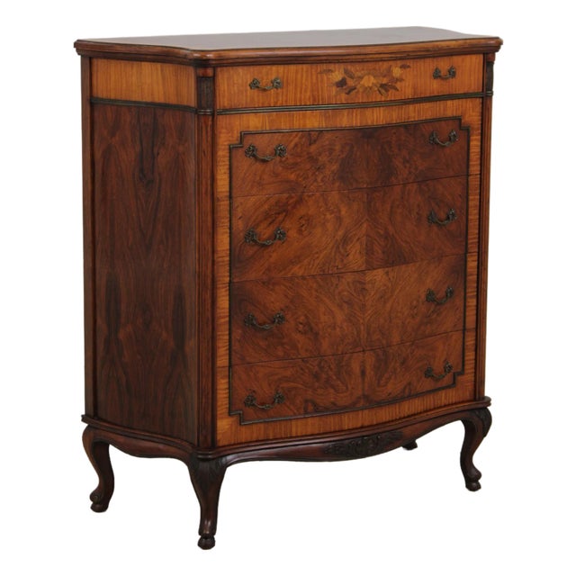 Vintage French Style Bow Front 5 Drawer Inlaid Walnut Chest For Sale