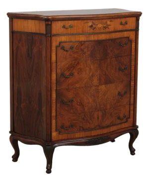 Vintage French Style Bow Front 5 Drawer Inlaid Walnut Chest