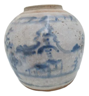 Antique Chinese Porcelain Blue Village Mountain Scene Ginger Spice Jar No Lid