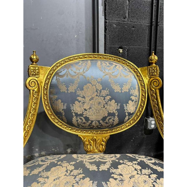 French Louis XV Blue Accent Chair With Gold Leaf For Sale - Image 9 of 12