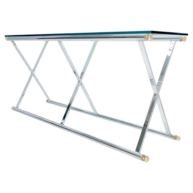 Chrome X Base Glass Top 67" Long Console Sofa Table Mid Century Modern c1970s For Sale - Image 6 of 13