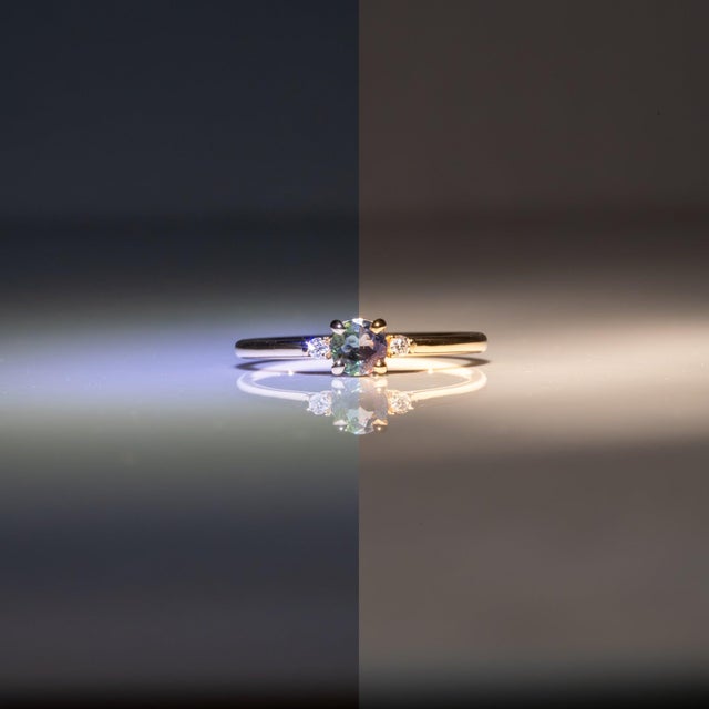 Metal Alexandrite Ring With Earth-Mined Diamond Accents in Solid 14k Gold, Round 4.6mm, Size 6.75 For Sale - Image 7 of 12
